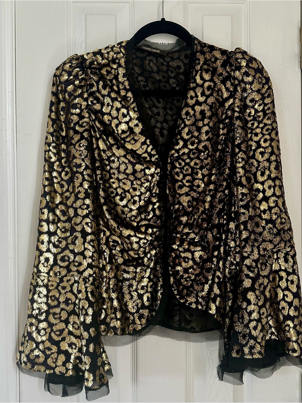 Women’s Roberto Cavalli V-Neck Half Zip Jacket Sz 40/4, Gold Velvet, Silk Hem